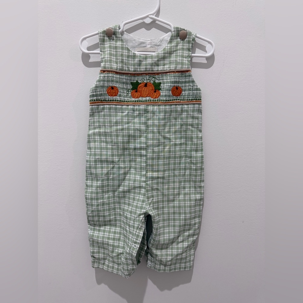 Kids Green Checkered Overalls with Pumpkin Embroidery